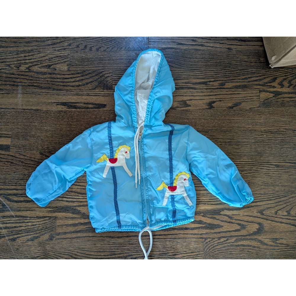 Boys Vintage Lightweight Jacket Coat Size 6-12 Mo Carousal Horses Lined Blue